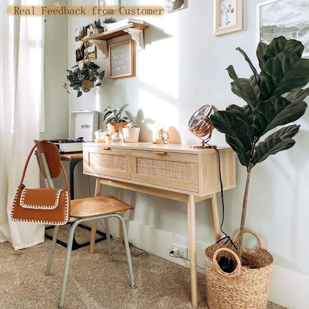 Table console moderne en rotin avec tiroirs, table de canapé en chêne, bureau d'entrée étroit pour couloir, meubles pour petits espaces
