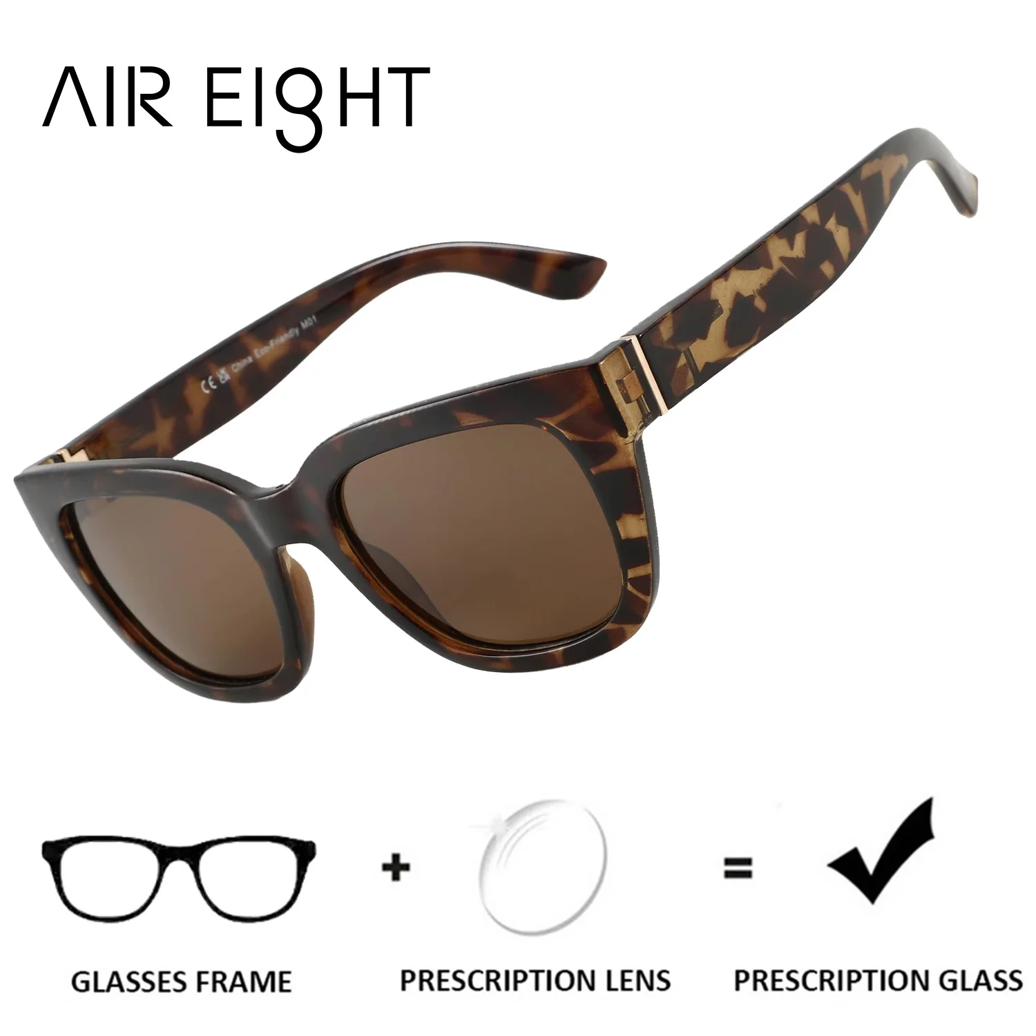 AIR EIGHT Square Full Frame for Women Custom Myopia Polarized Prescription Sunglasses UV400 Blue Light Blocking Elegant