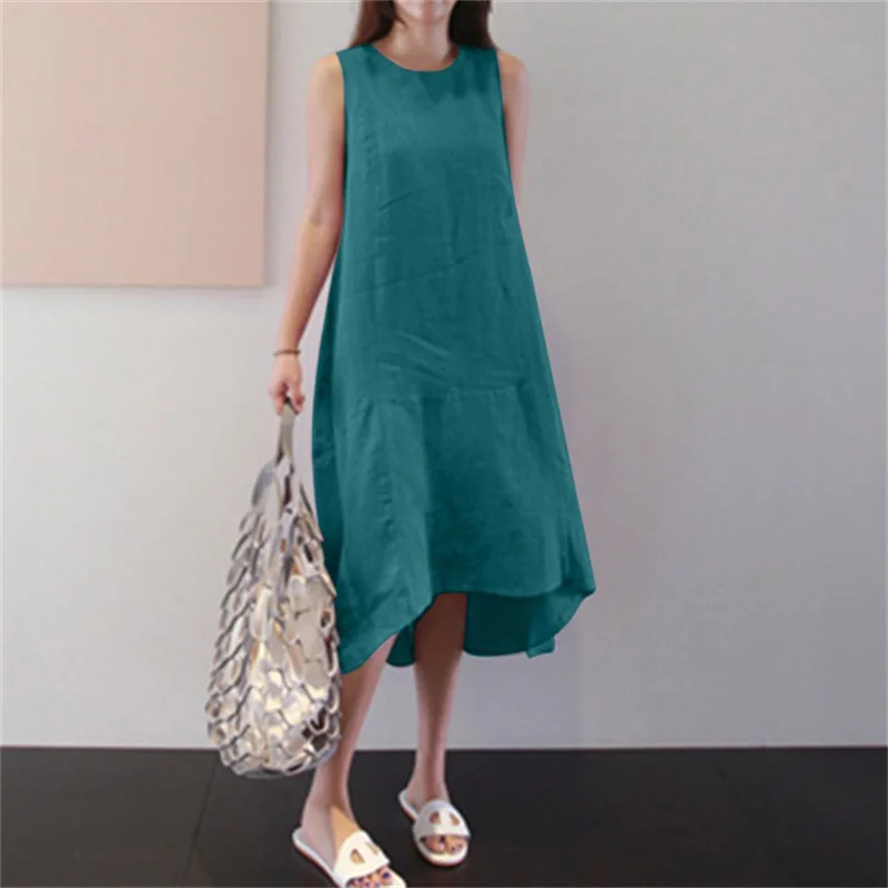 

Women's Summer Round Neck Pocket Long Dress Sleeveless Loose Solid Color Tank Top Cotton And Hemp Dress For Women Vestidos Mujer