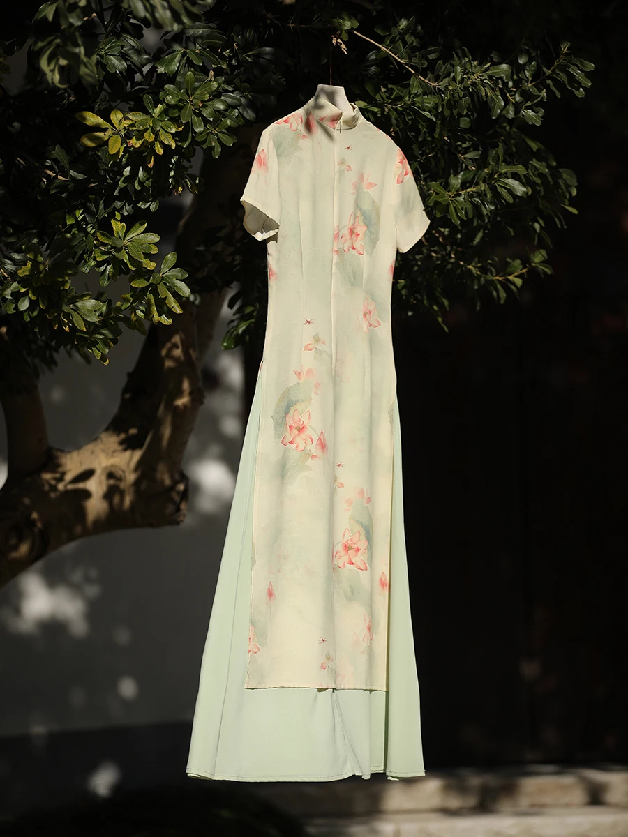 Jiangnan Floing een  Dr Chic Chinese Sle Summer Slimming Long Qipao Gown for Young Women Daily Wear