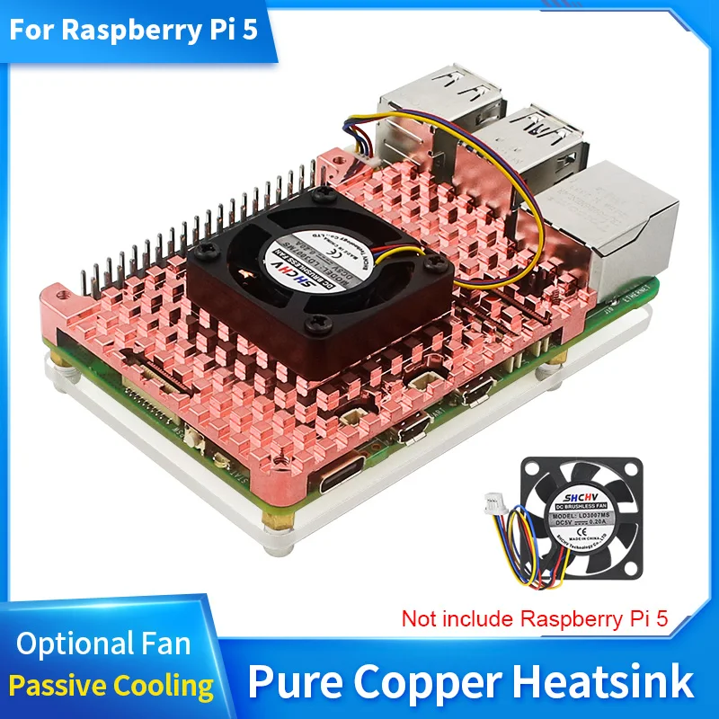 Dissipateur thermique en cuivre pur pour Raspberry Pi 5, boîtier de refroidissement en métal, ventilateur en option, refroidissement actif passif, boîtier en cuivre pour Raspberry Pi 5