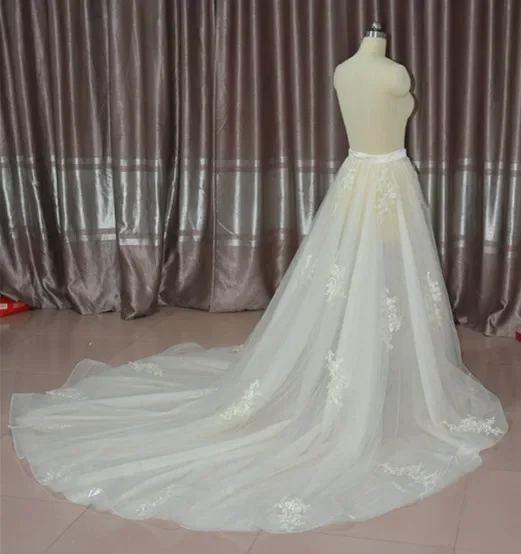 Gaun pengantin tulle 6 lapis, rok Dalaman ukuran kustom, rok applique renda kereta dapat dilepas, gaun pengantin perempuan