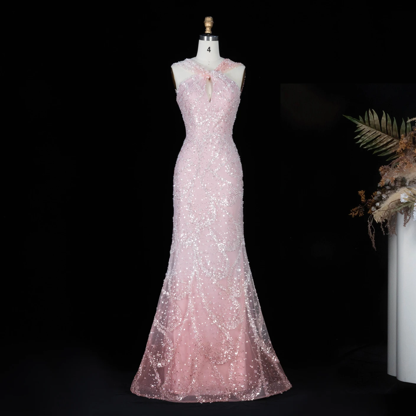 Sharon Said 2026 Neues Abendkleid in Farbverlauf Rosa mit Perlen, gedrehtem Neckholder, A-Linie, Dubai Arabisches Damen-Abendkleid SS709 Maßanfertigung – Detail 17