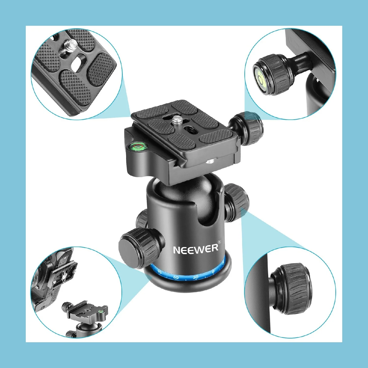 Neewer Metal 360° Rotating Panoramic Tripod Ball Head with 1/4'' Quick Shoe Plate, Bubble Level for Tripod/Monopod/Slider/DSLR