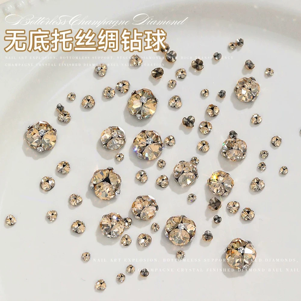 10/14Pcs 3D Champagne Shiny Drill Pile Diamond Nail Charms SS6-SS28 Pile Crystal Rhinestones Nail Jewelry K9 Manicure Accessorie