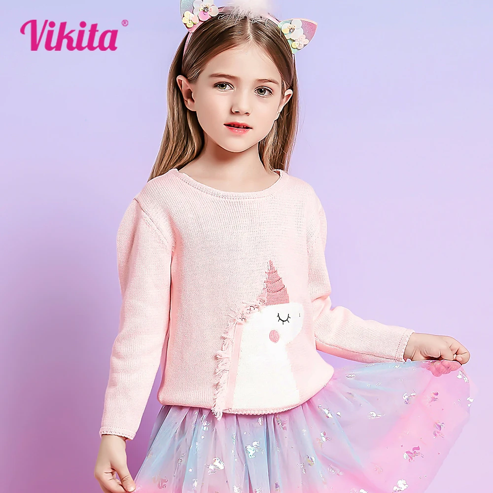 VIKITA Kids Licorne Sweaters Girls Pink O Neck Autumn Spring Winter Knitted Sweater Kids Casual Outwear Coat Children Clothing