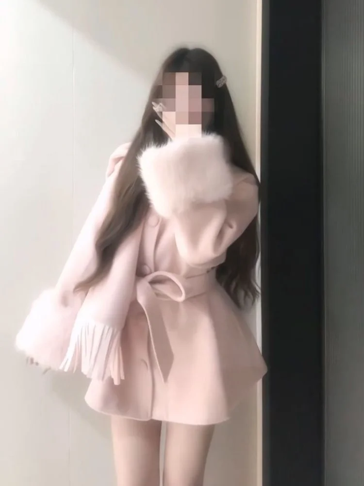 

Pink Woolen Coat Women's Winter New Sle Belted Waist Cinched Medium Length Coat Sweet Sle Loose Fit Online Exclusive