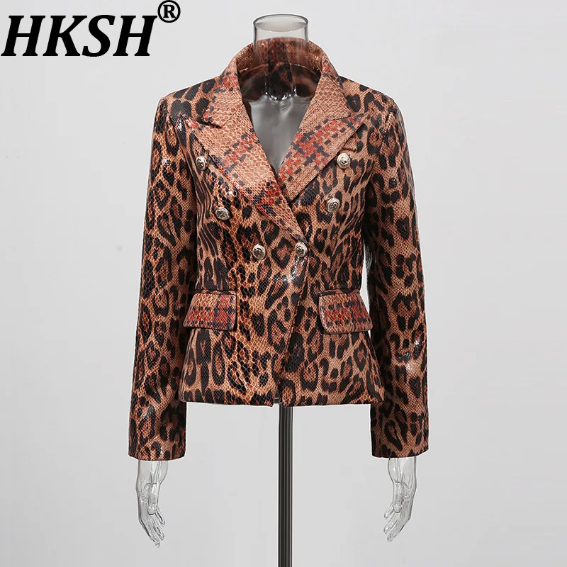 HKSH Women Blazer High-end Fashion Leopard Print Patchwork Double Breasted Design Niche Elegant Trend Slim Fit Suit-Coat HK27735
