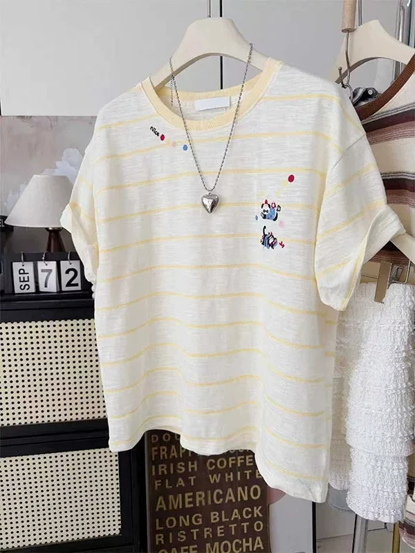 Large Size 300 Pounds Cartoon Embroidered Striped Short Sleeve T-Shirt Women Summer Design Loose Casual Anti-aging Half Sleev...