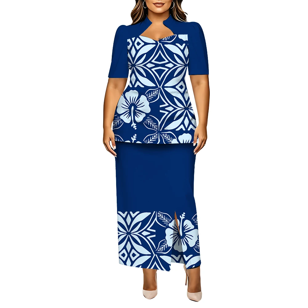 Tribal Designs A High-Quality Polynesian Women's Custom Puletasi Style High-Necked Skirt With A Slit At The Hem