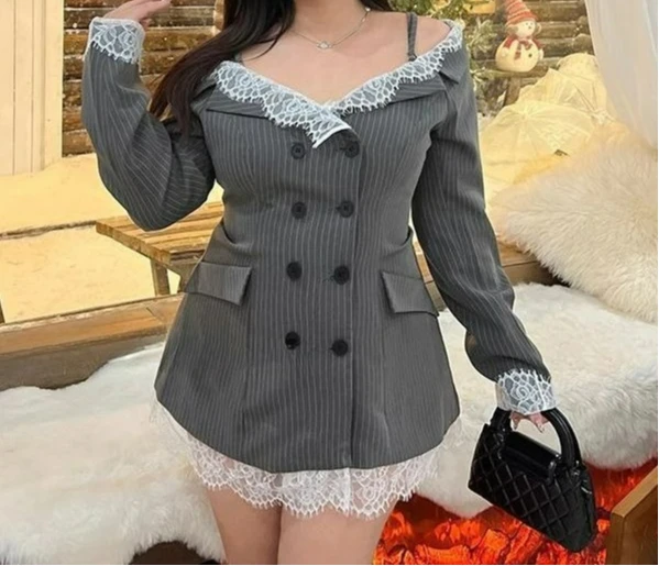 

Sexy Lace Splicing One-word Shoulder Long-sleeved Dress Waist and Thin Temperament Suit Skirt