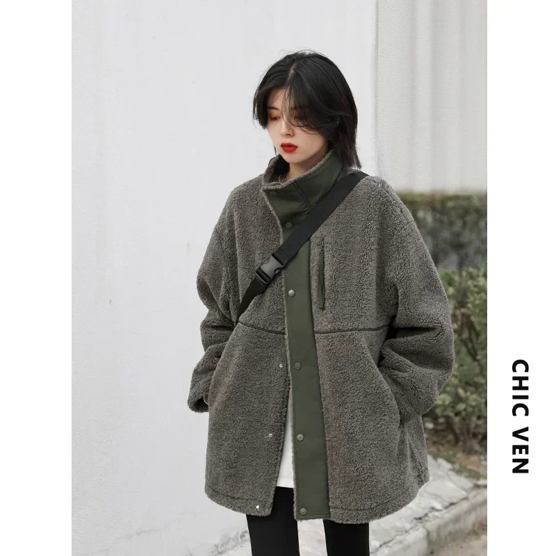 CHIC VEN Women Jacket Coat Thicken Warm Casual Lamb Faux Fur Woman Overcoat Loose Outerwear Female Tops Lady Autumn Winter 2022