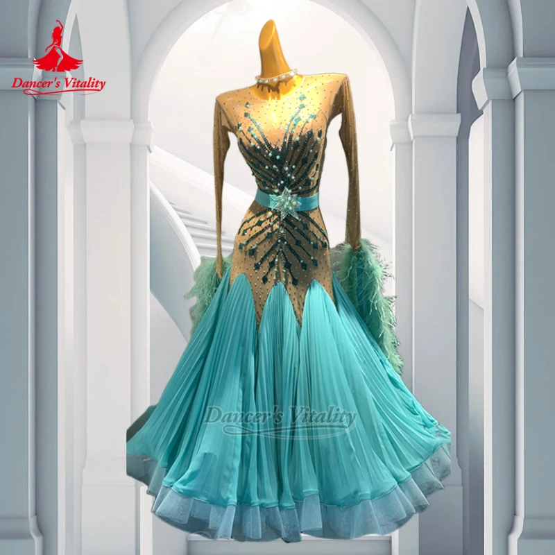 Two-color Stitching Waltz Professional Elegant Dresses Ballroom Dance Wrap Hips Long Sleeves Outfit Customize Dancer's Vitality