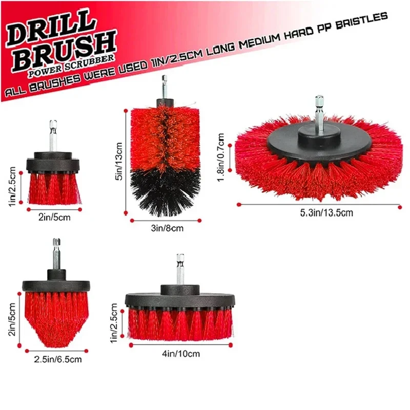kit-de-escovas-eletricas-para-limpeza-3-5-pecas--escovas-de-nylon-redondas-de-plastico-vermelho-para-limpeza-de-carpetes-vidros-e-pneus-de-carro