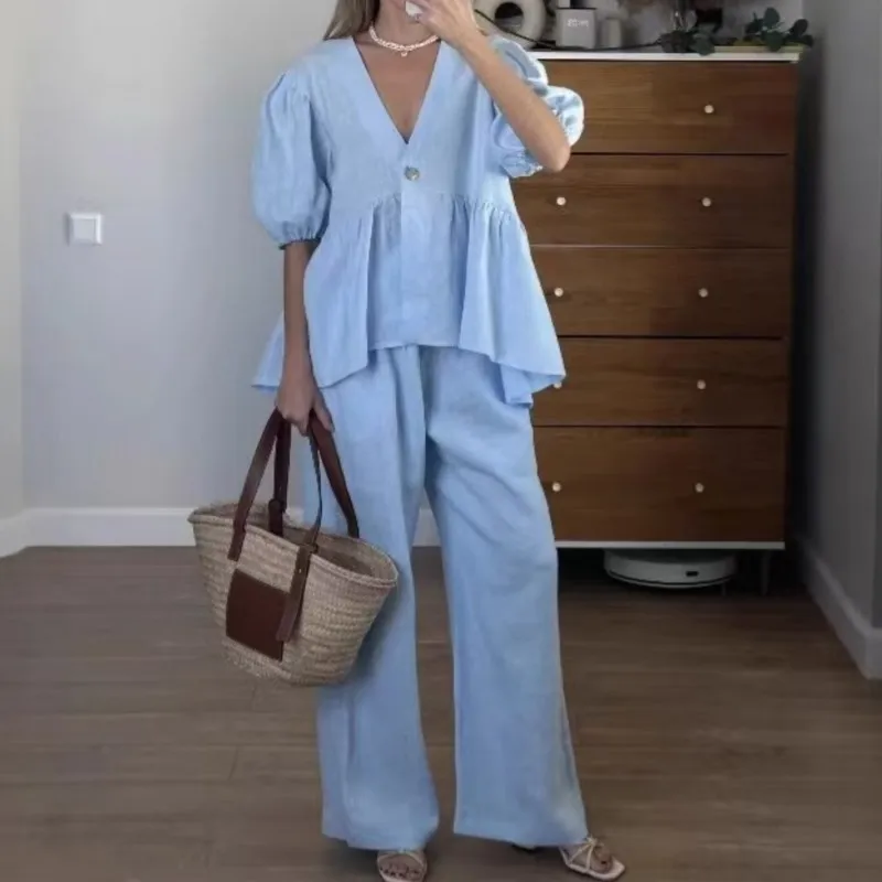 Simple Commuting Solid Color Two-piece Set Women's French Sweet V-neck Bubble Short-sleeved Top Wide-leg Trousers Two-piece Sets