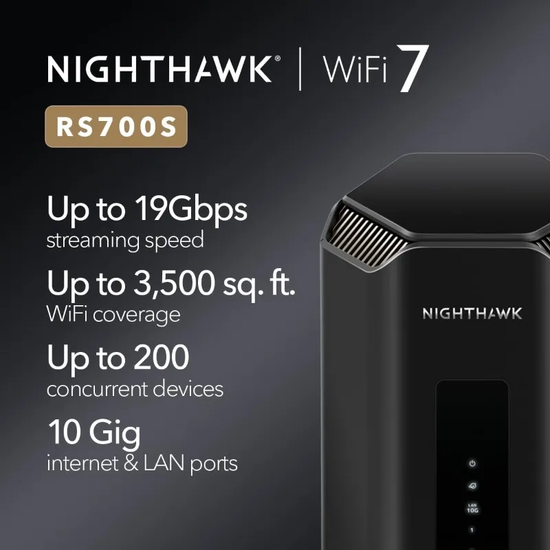 Nighthawk WiFi 7 Router (RS700S) BE19000 19Gbps Wireless Speed – 10Gb Internet Port – Tri-Band Gigabit Gaming Router – Covers