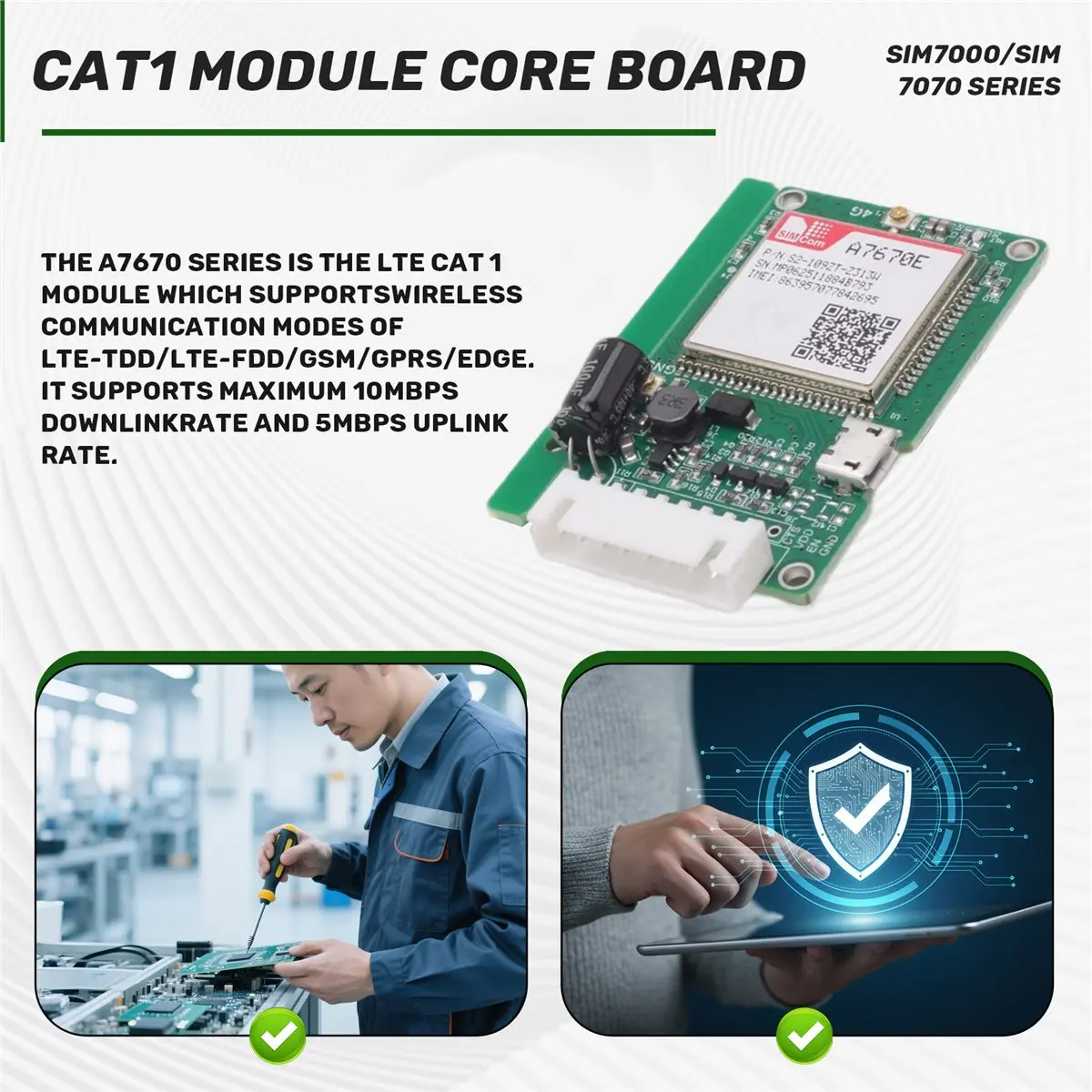 A7670E SIMCOM 4G LTE Cat1 Module Core Board with SIM Card Slot TTL UART 2G LTE-FDD B1/B3/B5/B7/B8/B20 GSM 900/1800MHz