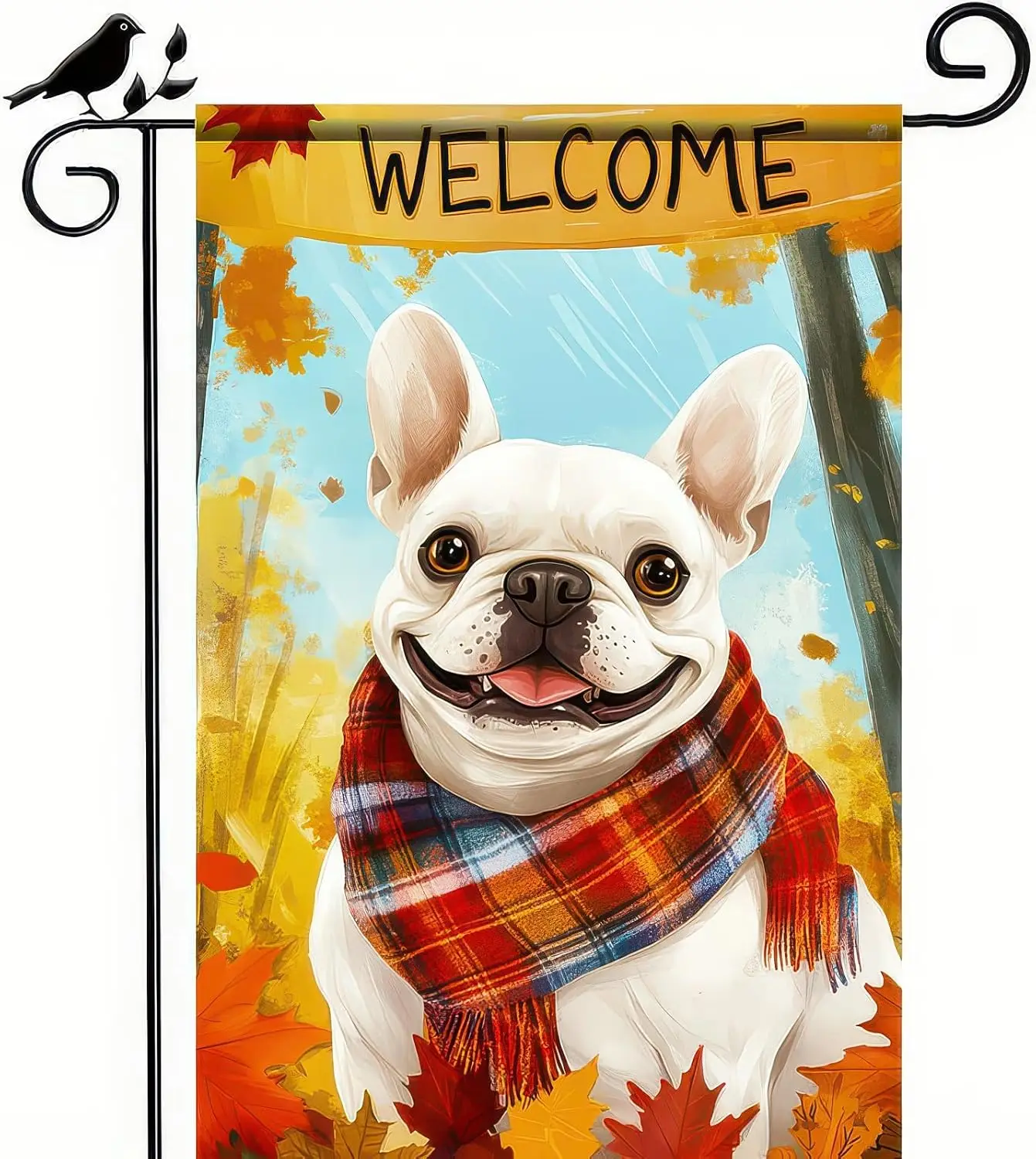 Thanksgiving Fall Garden Flag 12x18 Inch Welcome French Bulldog Dog Outdoor Flag Double Sided Autumn Yard Banner with Plaid  UUN