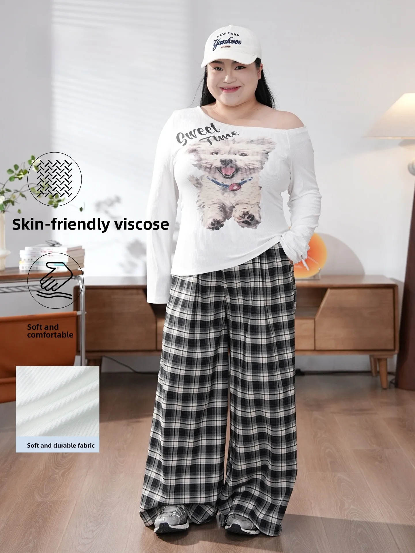 

Slim Fit Plaid Pants Set with Long Sves Waist Cinching Design for plus Size Women Faionable Casual Wear Polyester Blend