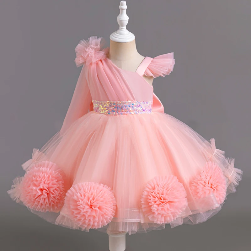 New Girl 2-8 Birthday Party Dress One Shoulder Chiffon Princess Dress Flower Girl Wedding Dress Attending Banquet Evening Dress