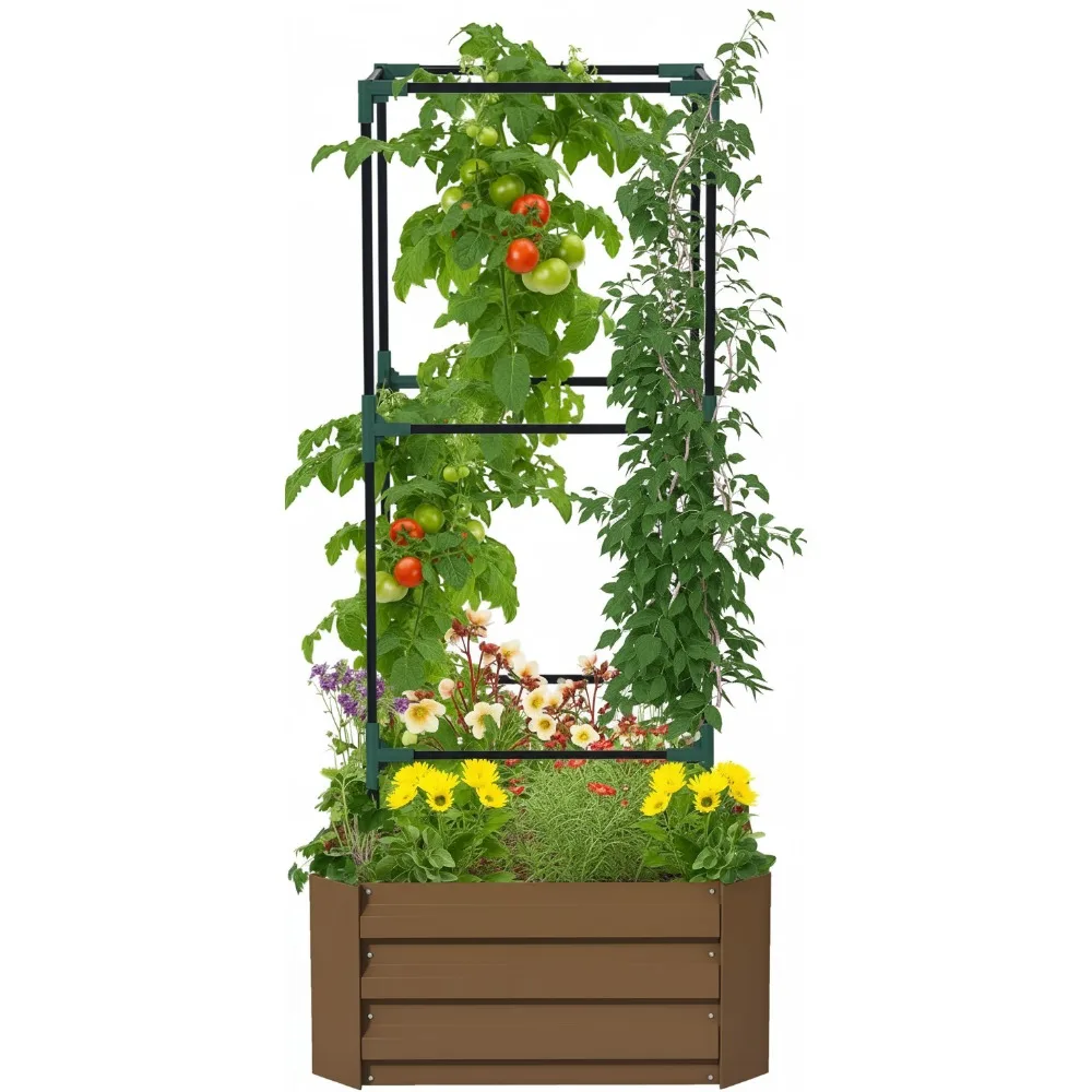 

55" Tall Galvanized Raised Garden Bed with Trellis, Open Bottom Planter Box for Vegetables Flowers Backyard Patio