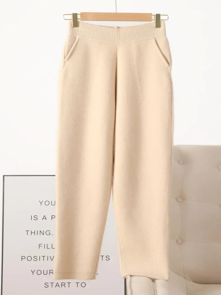 Women 100% Merino Wool Pants Autumn Winter Thick Warm Soft Comfortable Pencil Pants New Fashion Elastic Waist Knitted Trousers