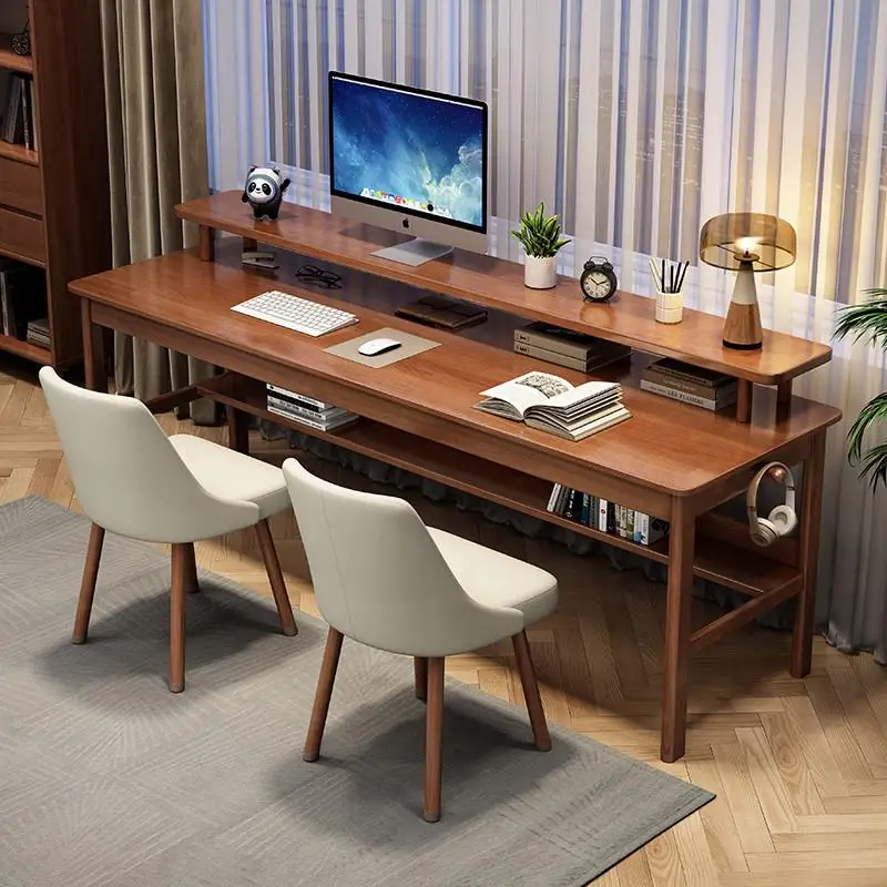Modern Solid Wood Oak Desk Bookshelf Double Computer Desk Home Long Office Desk Bedroom Student Side-by-Side Writing Adjustable