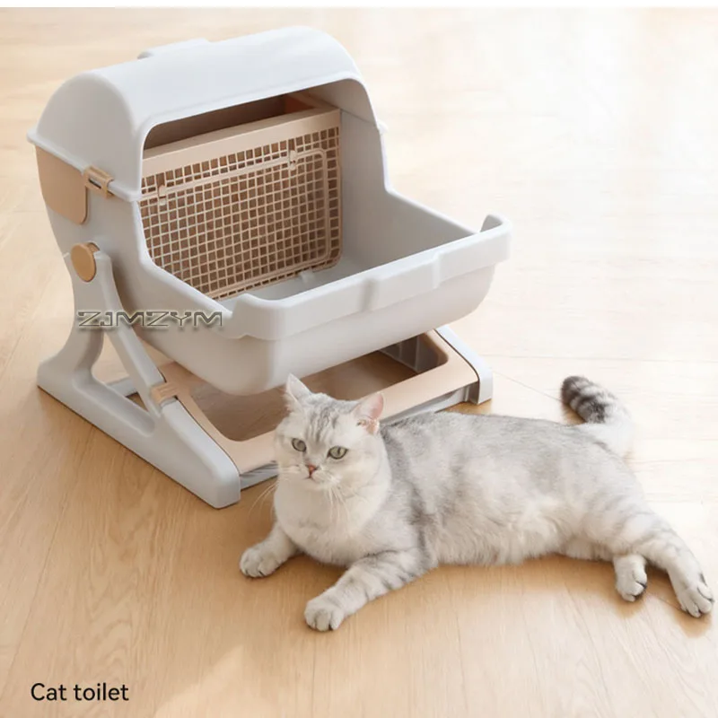 Semi‑Automatic Tilt Sifting Cat Litter Box No Scoop Needed Open‑Top Cat Toilet with Waste Drawer PP Resin for Cats up to 16.5lbs