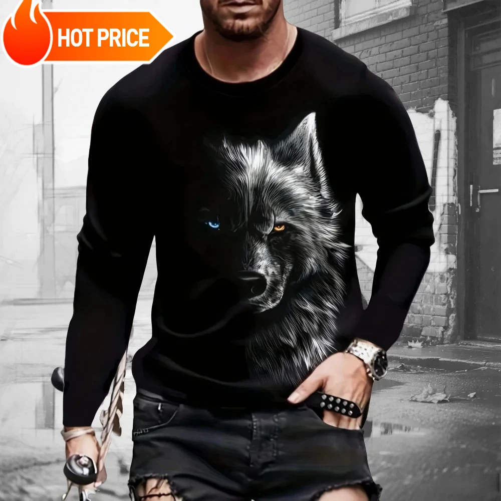 

Hip Hop Men's Long Sleeved T-Shirt Spring Autumn Styles Street Daily Casual Men's Top Wolf 3D Print Men's Long Sleeved Clothing