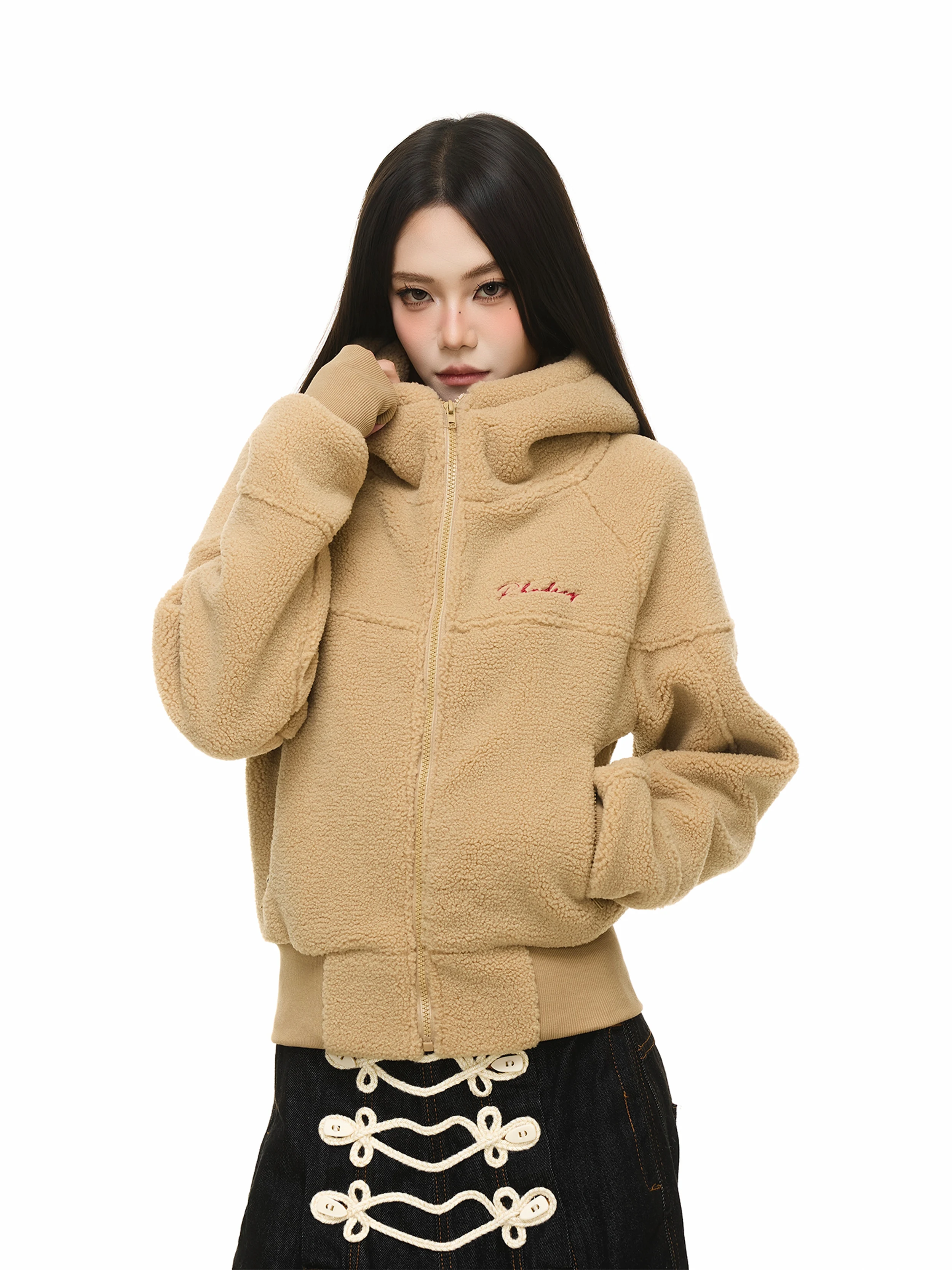 American Retro Embroidery Design Lamb Velvet Hooded Short Jacket Autumn Winter Lazy Casual Versatile Open Cardigan Women's Fa...