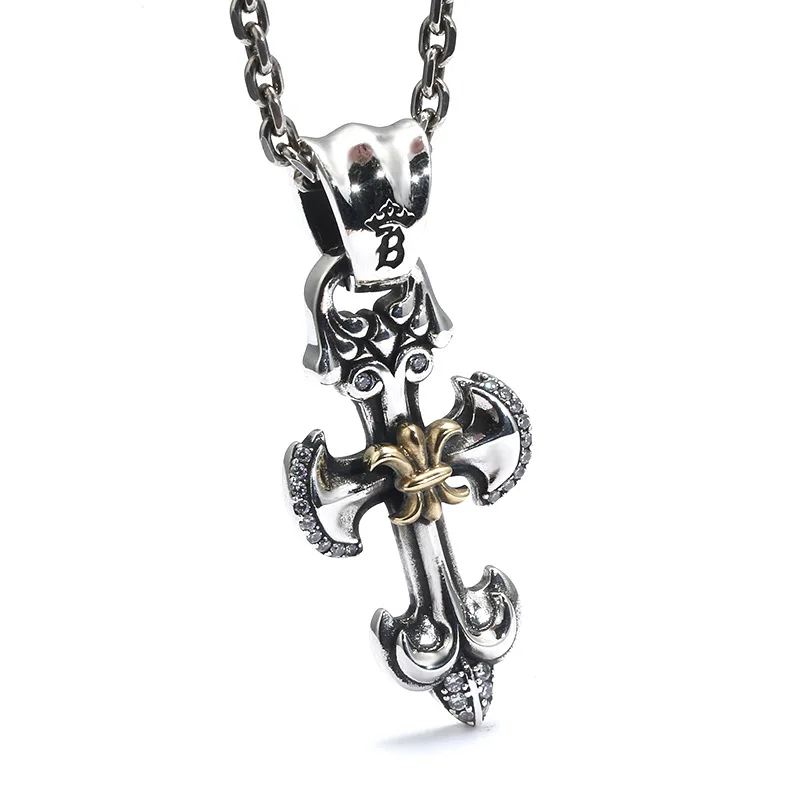 S925 sterling silver anchor style cross necklace men's fashion retro personalized pendant ornament hip hop punk couple style