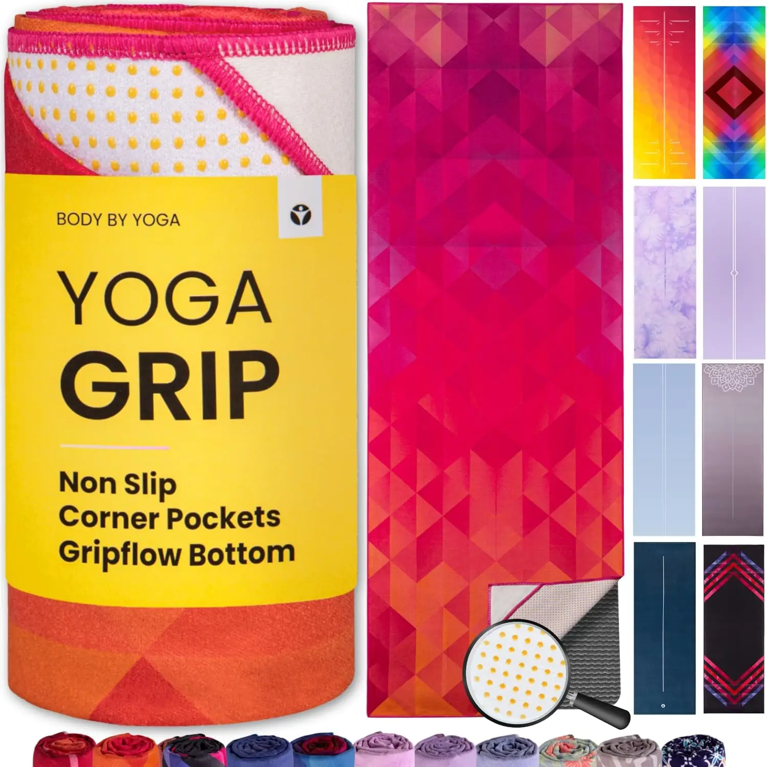 

Non-Slip Yoga Mat Towel with Corner Pockets, Moisture-Wicking Fabric, and Alignment Lines for Secure Practice
