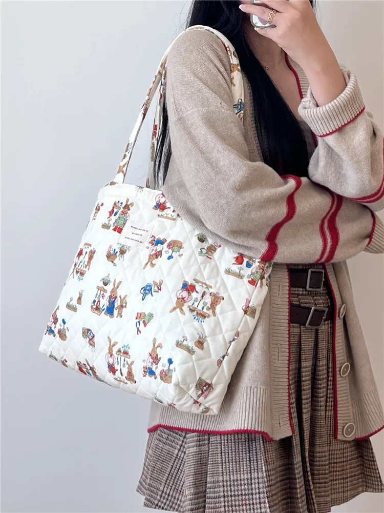 Cotton Women\'s Fashion Shoulder Bag Cute Cartoon Warm Winter Handbag Large Capacity Ladies Underarm Bag Double Sided Totes