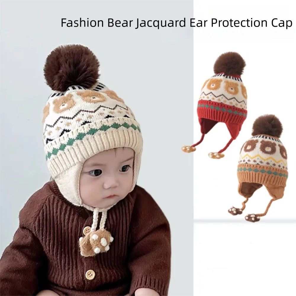 

New Pompom Warm Hat Windproof Cold Proof Beanie Cap Knitted Ear Protection Hat Kid