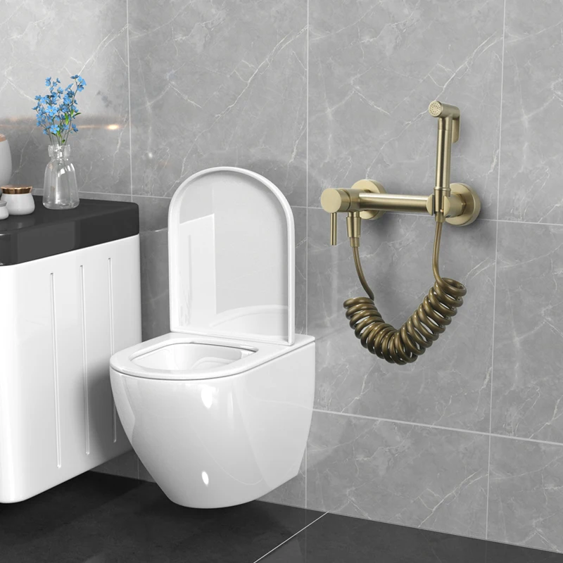 Brushed Gold Bathroom Bidet Toilet Faucet Wall Mounted Toilet Hand Held Bidet Sprayer Kit Bathroom Hot and Cold Mixer Valves