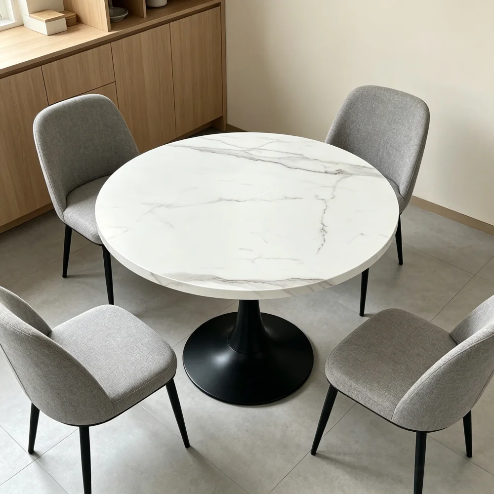 Mesa de comedor para 2-4 personas, mesa de recepción pequeña con patrón de mármol blanco, escritorio de madera y pedestal de metal negro, mesa de cocina circular.