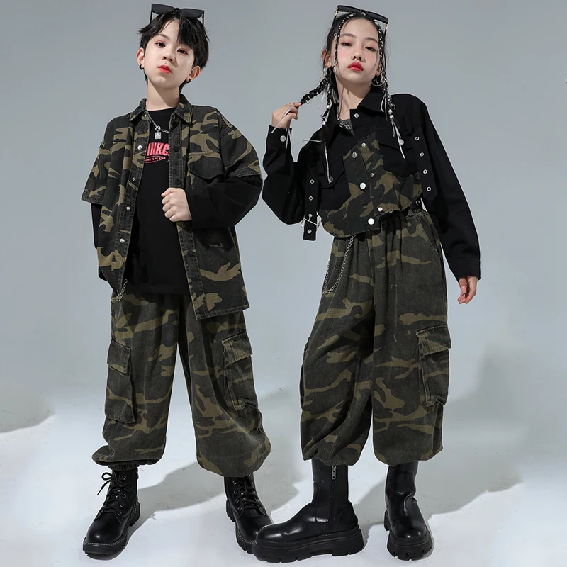 

New Jazz Dance Performance Costumes For Kids Camouflage Shirts Loose Pants Suit Girls Boys Modern Hip Hop Dance Clothes DQS14374