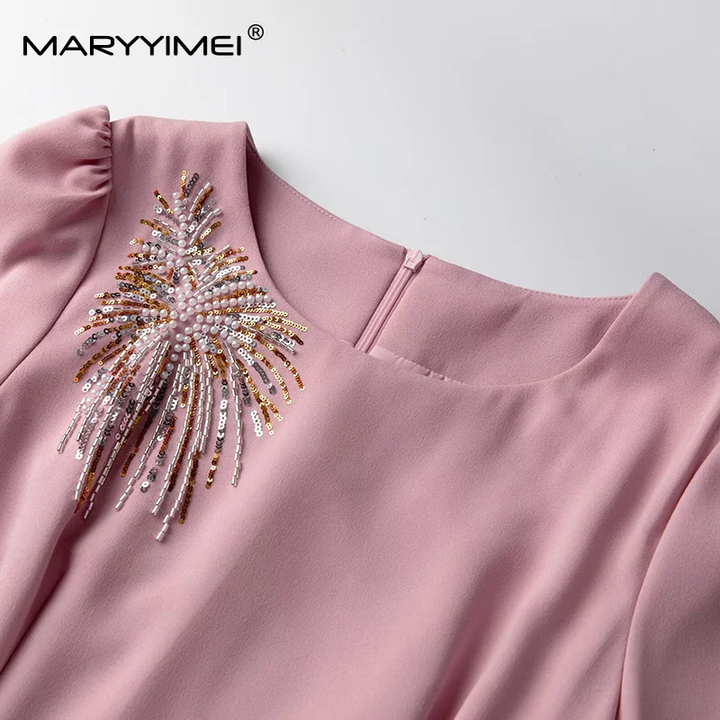 MARYYIMEI Elegancka Sukienka Damska na Imprezę Studniówkową Krótki Rękaw Koraliki Wyszczuplająca Sukienka Jednolita Wiosna Lato 2025 Nowość