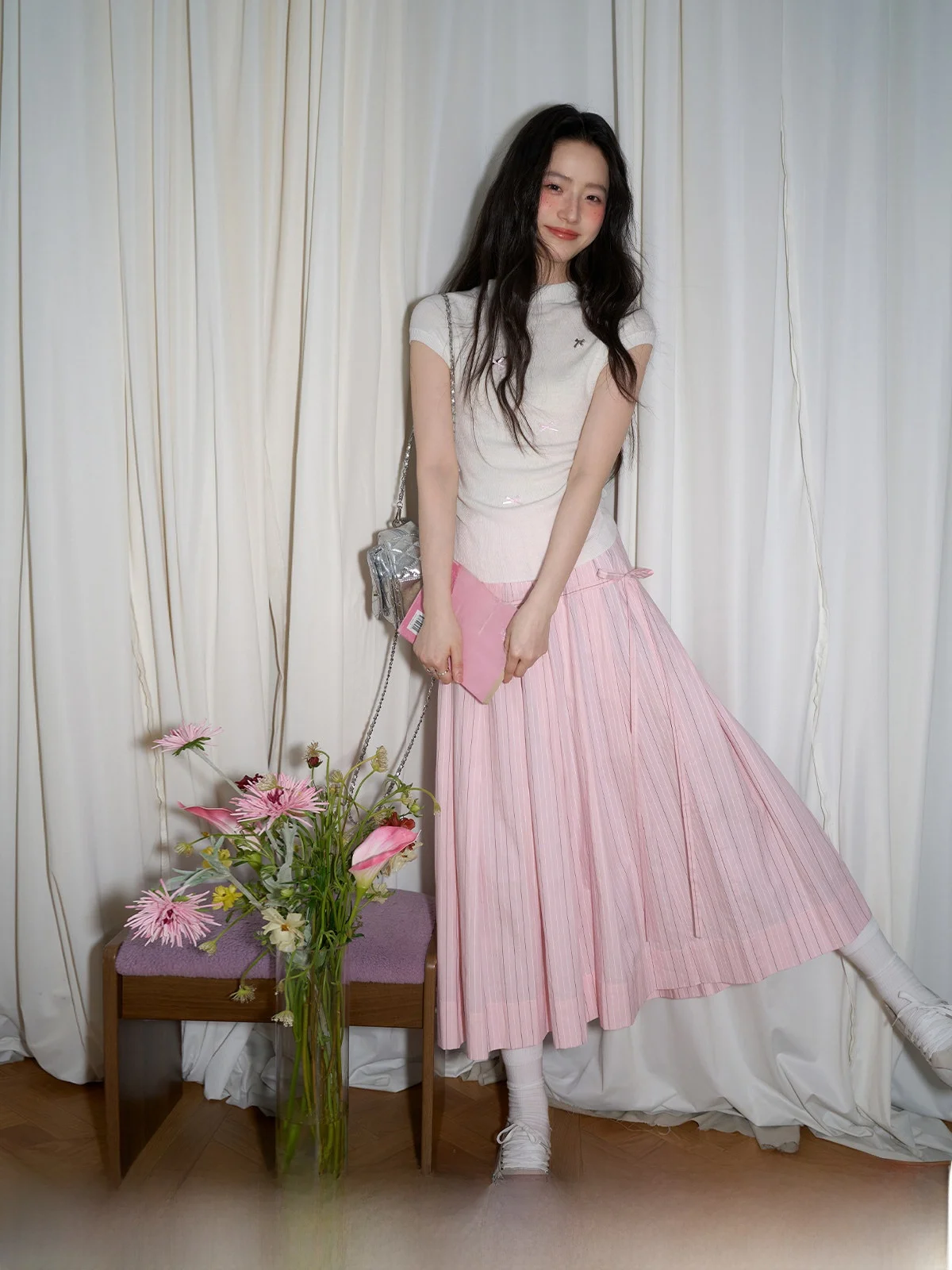 

Розовая женская юбка-миди А-силуэта для офиса, с высокой талией, 100% хлопок, стандартный крой, лето 2026, новинка, стройнящая юбка