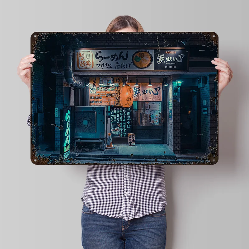 Póster Metálico Cyberpunk Ramen Gion Kyoto, Arte de Pared Personalizado, Letreros Retro Vintage de Hojalata para Decoración de Sala de Juegos, Casa Acogedora