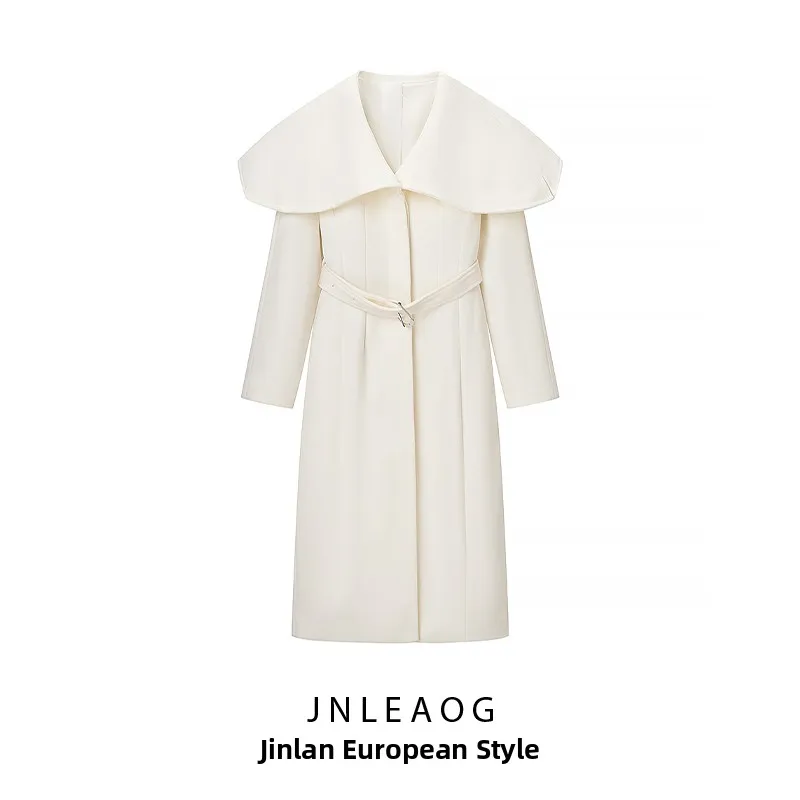 JNLEAOG Autumn New Fashionable White Woolen Belted Women's Coat Street Style Long Sleeve Polyester Fiber Versatile Outerwear