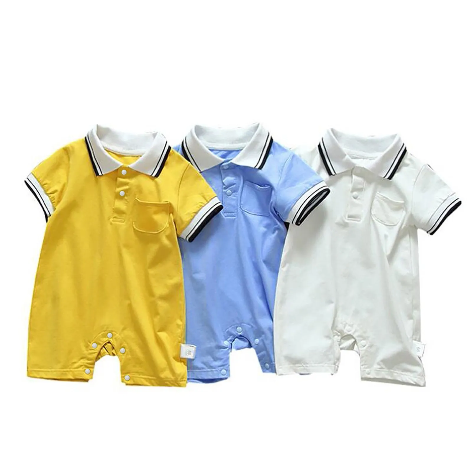 Toddler Baby Boys Girls Short Sleeve Turn-Down Collar Pocket Romper Jumpsuits