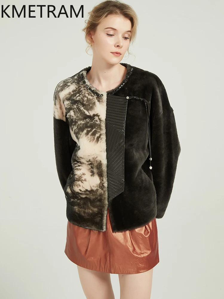 KMETRAM piel de oveja Natural con lana abrigo de piel atada moda corta nuevo 2025 invierno mujer chaqueta estampada manteaux hiver femme
