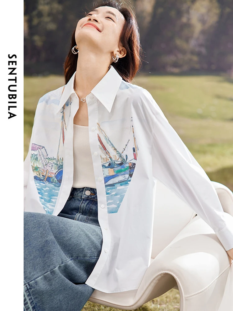 SENTUBILA Cotton 100% Lapel Button Up White Shirt 2024 Spring Abstract Printed Loose Long Sleeve Shirts & Blouses Tops 141C52374