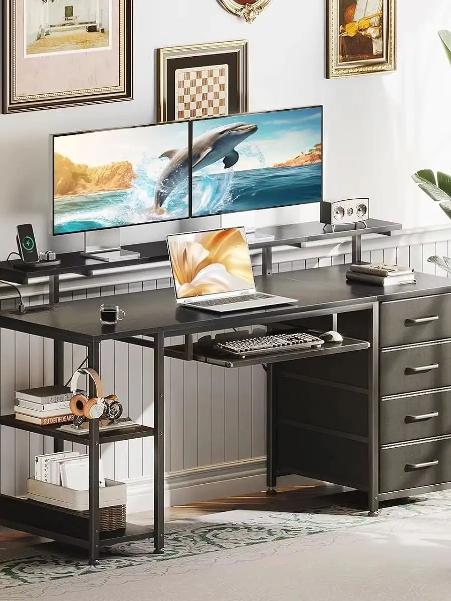 Coleshome Schreibtisch mit 4 Schubladen, 140x52x92cm Computertisch mit Steckdose und USB-Ladeanschluss, Gaming-Schreibtisch mit verstellbaren Regalen für Zuhause, Schwarz