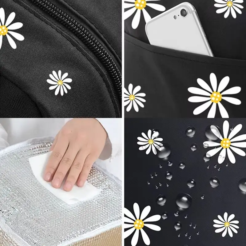 

Woman Oxford Cloth Daisy Lunch Bag Thermal Insulated Cooler Pouch with Large Capacity Food Container for Picnic Travel