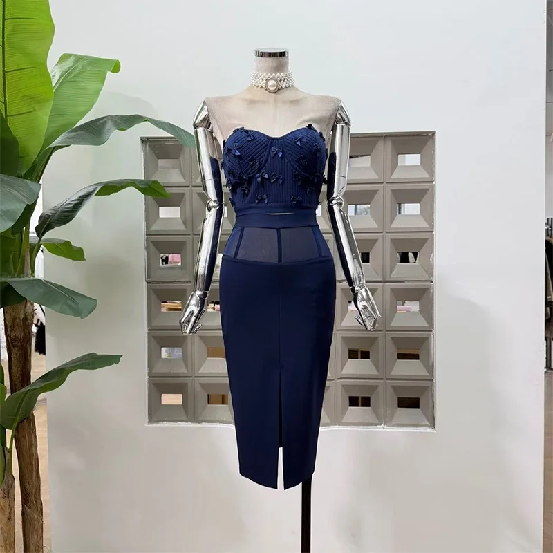 

High-End Knot Curved Bead Knitted Tube Top High Waist One Step Wrap around Skirt Two Piece Set Tight Fit Sexy ...