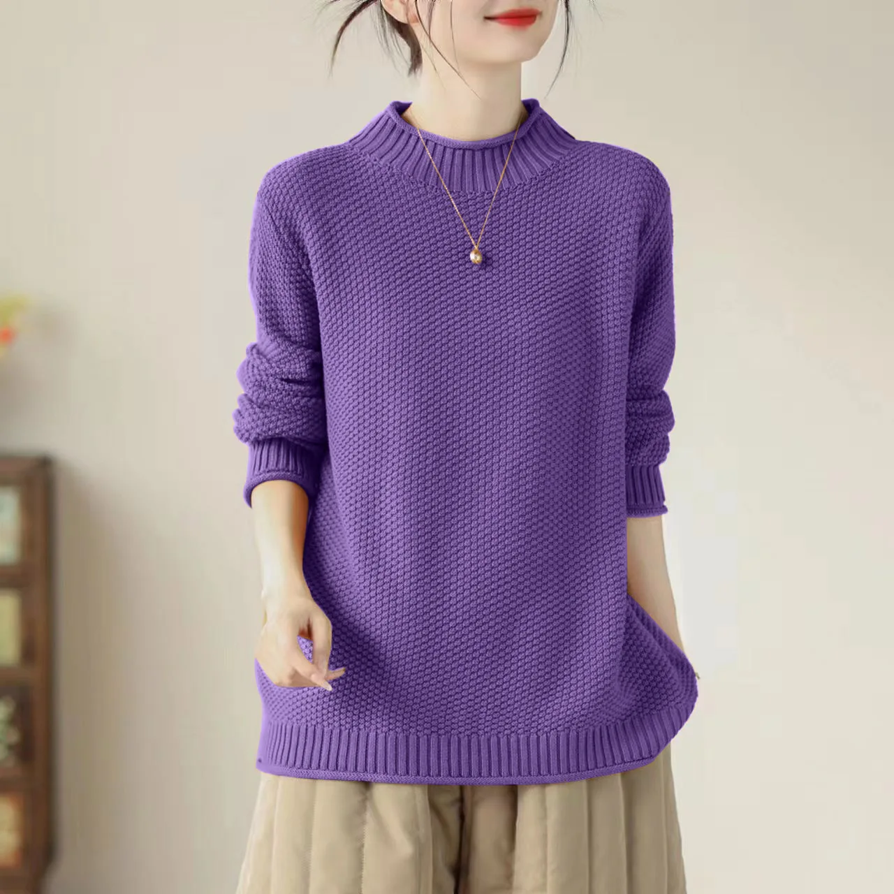 

Свободный повседневный женский трикотаж, свитер с высоким воротником, осень-зима, большие размеры, универсальный базовый слой, модный топ