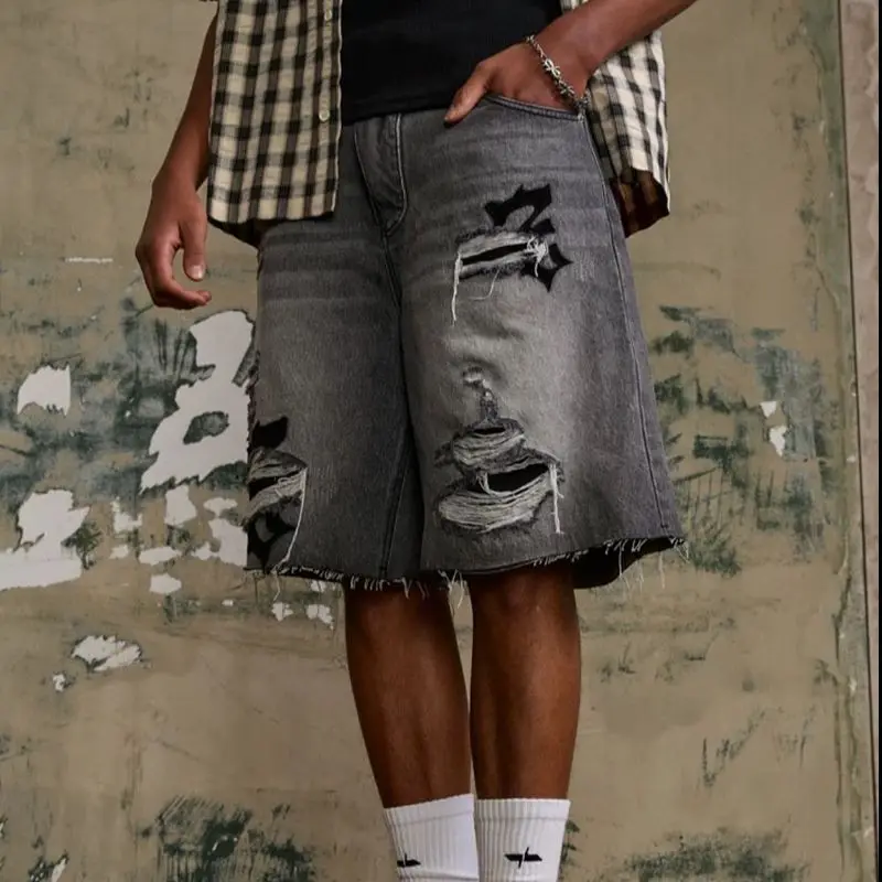 

Рваные джинсовые шорты унисекс с вышивкой, широкие, в американском ретро-стиле, свободные, повседневные, уличная мода, летние