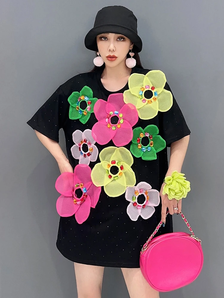 High-quality 2024 Summer New Korean Style Versatile Colorful 3D Flower T-shirt  For Women Backing Age Reducing Fashion Girl Top